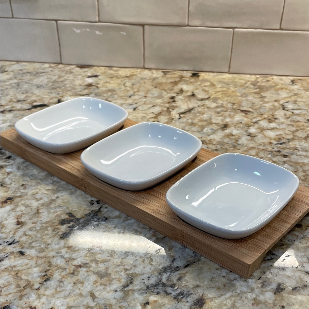 *3 for $10* White Ceramic Appetizer or Dipping Bowls on Wooden Tray